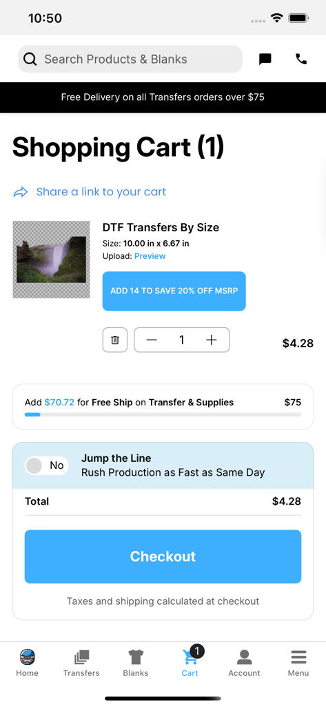 A shopping cart screen in the Ninja Transfers app displaying a custom DTF transfer item and a checkout button.