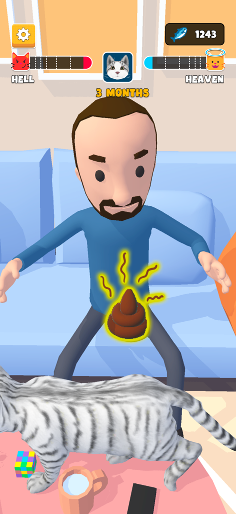 Eine Katze, die auf einen Mann im Cat Life Haustiersimulator 3D-Spiel kotet