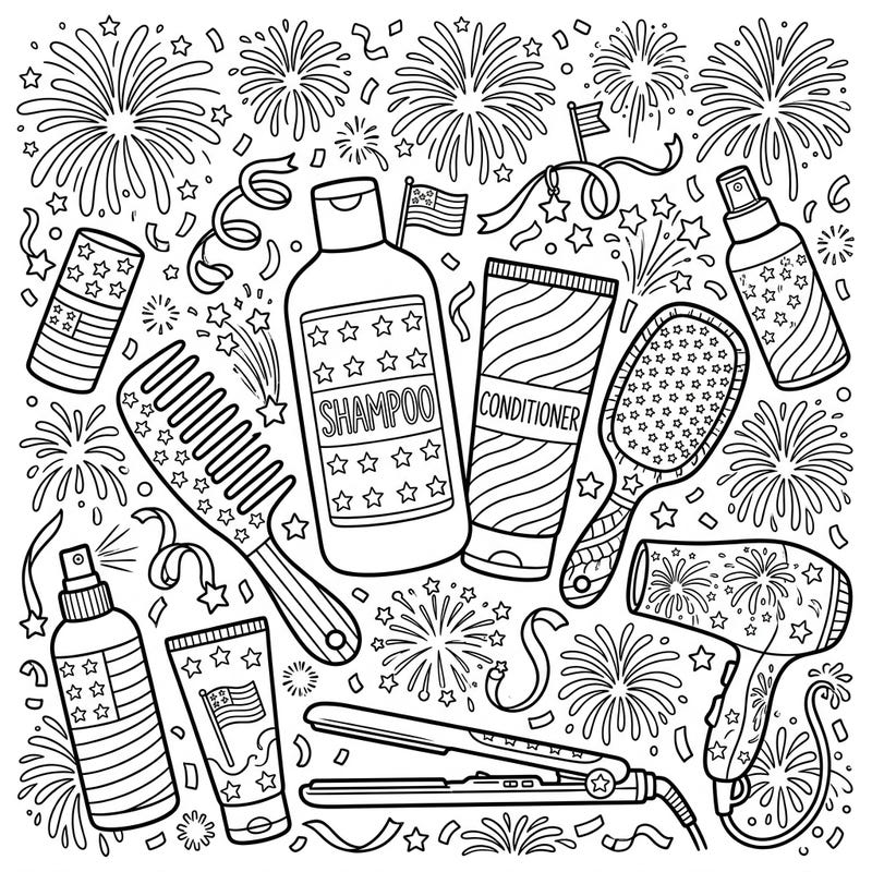 Get ready to celebrate Independence Day with a unique twist! This festive coloring page brings together all your favorite haircare essentials adorned with patriotic stars, stripes, and celebratory fireworks.