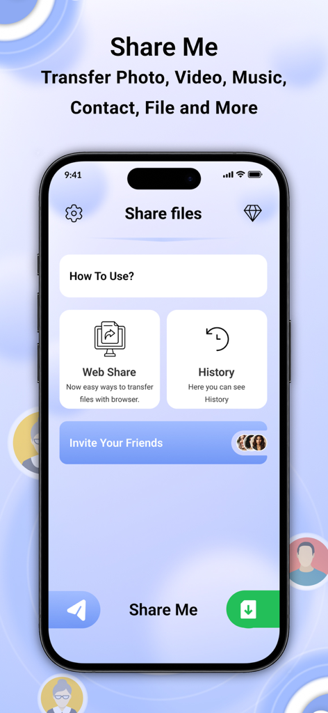 ShareMe – Fast File Sharing - Interfaz principal de la aplicación ShareMe mostrando las funciones de Web Share e historial
