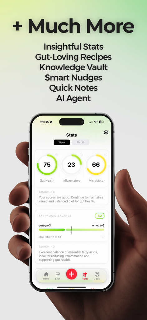 GutSense - Gut Health Coach - A hand holding an iPhone displaying the GutSense app stats screen with metrics for gut health inflammatory impact and microbiota scores