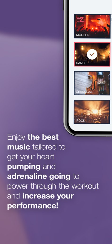 Mobile app interface showing curated workout music genres like dance rock and classical
