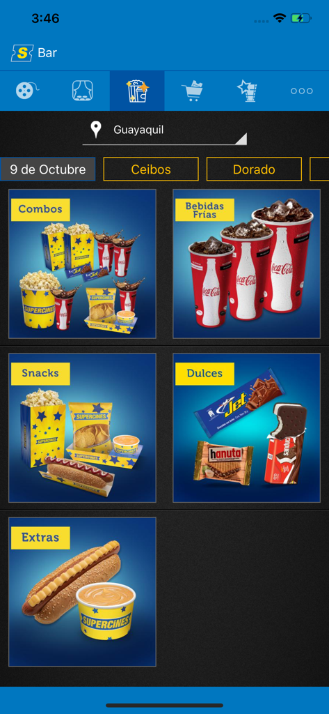 Supercines - Supercines mobile app snack bar interface showing food and drink menu categories