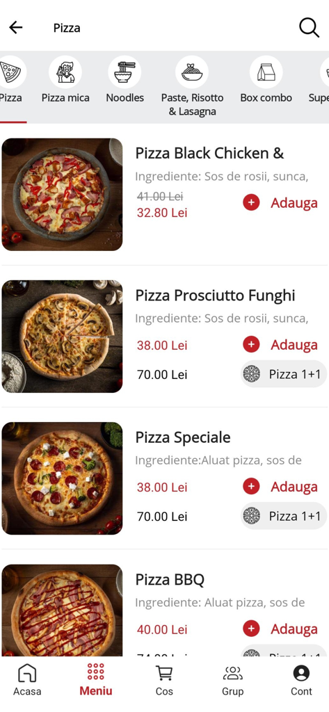 Menu de pizza do aplicativo móvel Big Belly Cluj mostrando várias opções de pizza e preços