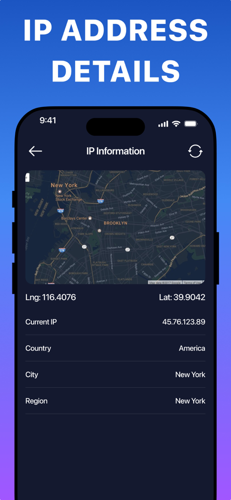 Interfaccia Secure VPN che mostra informazioni sull'indirizzo IP e la posizione su una mappa di New York