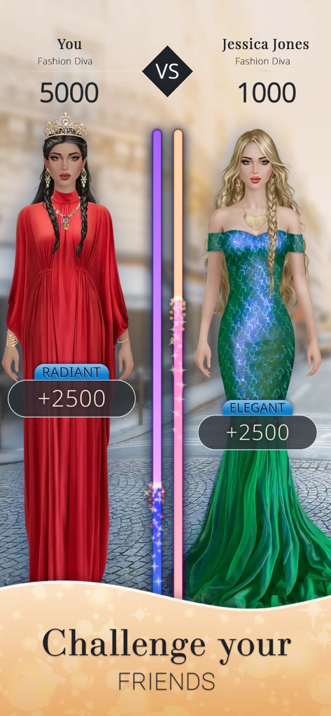Fashion Nation: Style & Fame - A fashion styling competition screen showing two avatars in elegant gowns with a versus symbol and the text Challenge your friends.