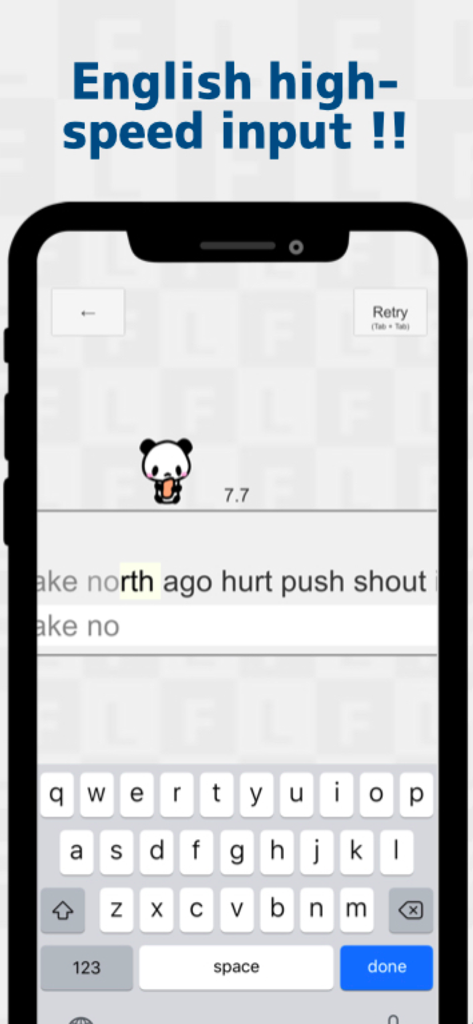 Japanese FlickTyping practice - Mobile app screenshot showing English high speed typing practice with a panda character and QWERTY keyboard