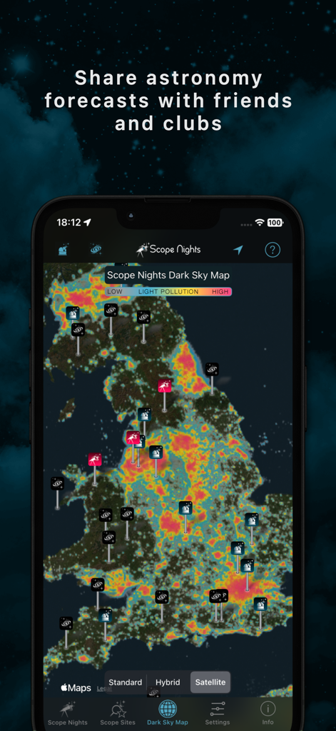 Scope Nights Astronomy Weather - Scope Nights app displaying a dark sky map with light pollution levels and astronomy locations