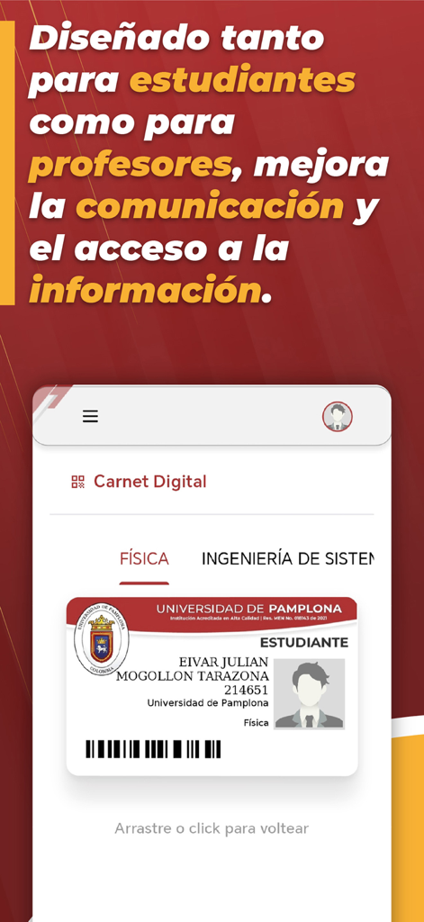 Mi Campus UP - Interface de l'application Mi Campus UP affichant une carte d'étudiant numérique pour l'Universidad de Pamplona.