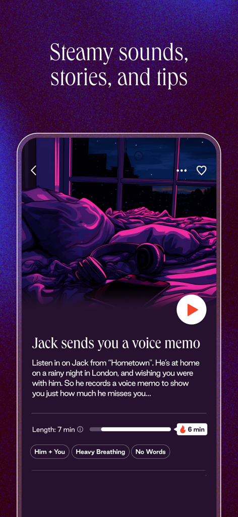 Interface of Dipsea app showing a romantic audio story titled Jack sends you a voice memo with an illustration of a bedroom at night.