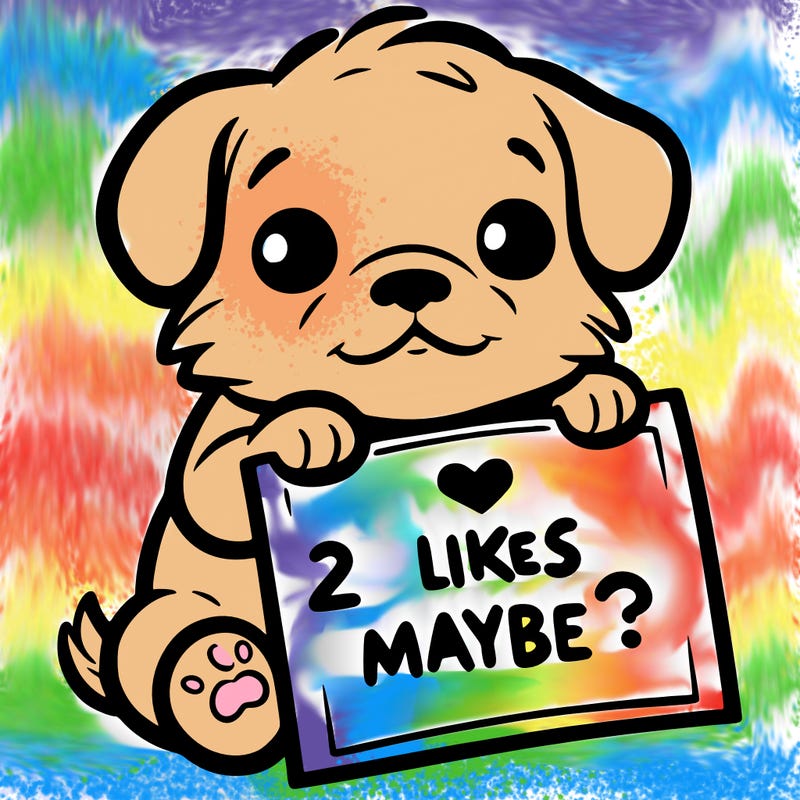 a puppy holding a sign that says 2 likes maybe?