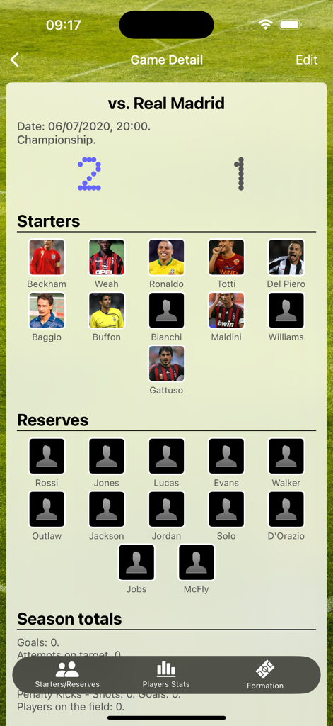 Assistant Coach Soccer app showing a game summary with score and starting players