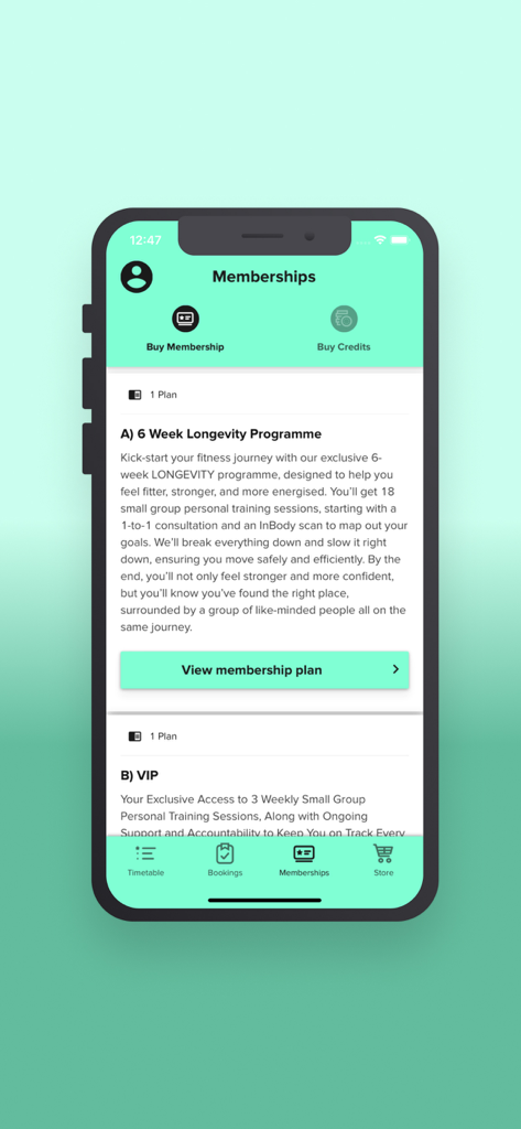 FitOne Training - The FitOne Training app Memberships screen displaying fitness programs including a 6 week longevity programme and options to buy credits