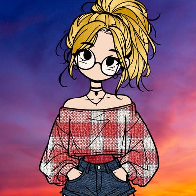 girl with a messy ponytail glasses a baggy crop top and jean shorts