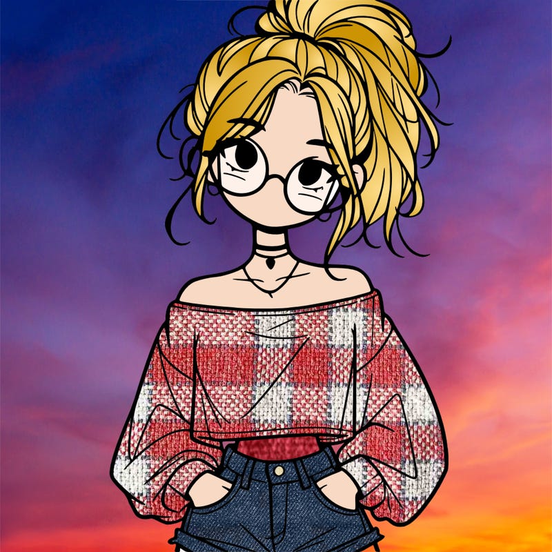 girl with a messy ponytail glasses a baggy crop top and jean shorts