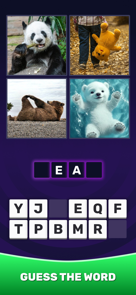 4 Pics 1 Word：Guess The Word - Una schermata di un gioco di parole con quattro immagini di diversi orsi e una griglia di lettere per indovinare la parola.