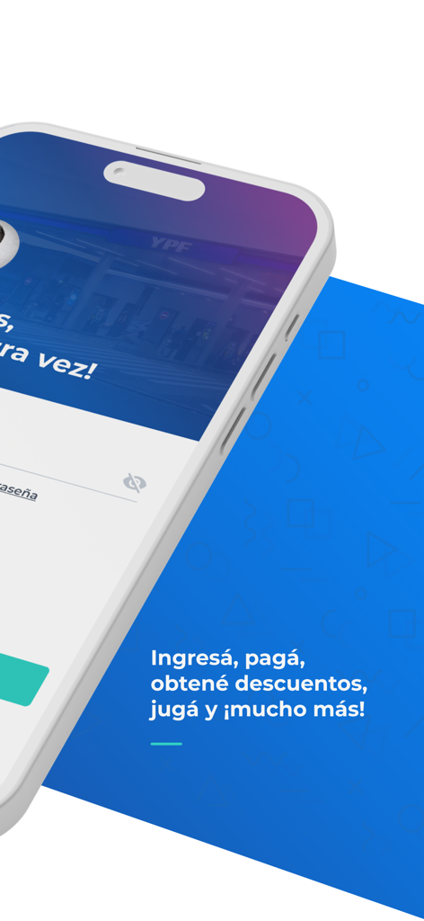 iPhone showing the YPF mobile app interface with features like payments and rewards