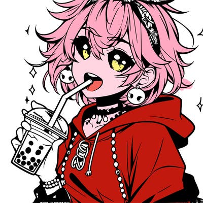 hot baddie anime girl drinking boba and biting the straw