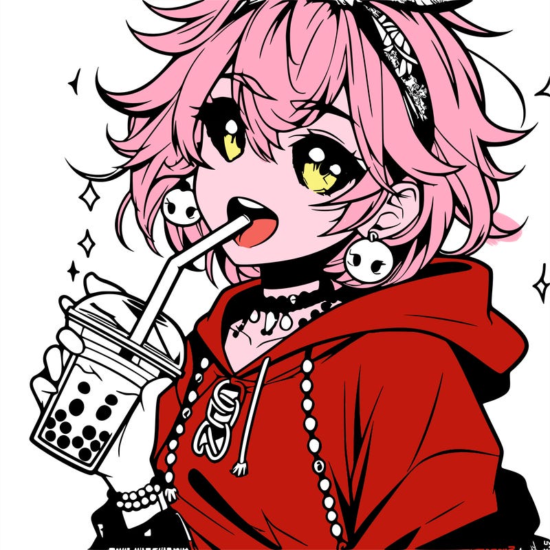 hot baddie anime girl drinking boba and biting the straw