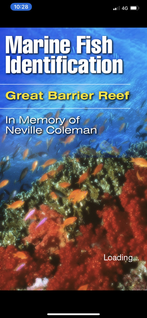 Loading screen for the Marine Fish Identification app showing an underwater scene with coral and orange fish
