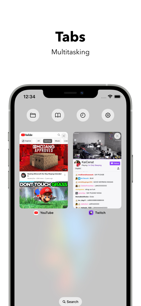 Video Lite app interface displaying browser tabs for YouTube and Twitch videos