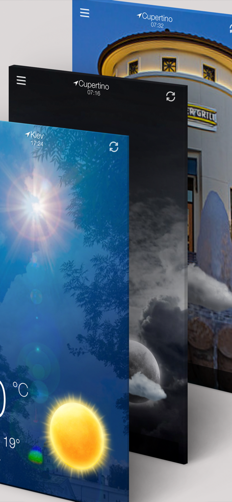 Three screens of a minimalist weather app showing sunny and night forecasts with city backgrounds