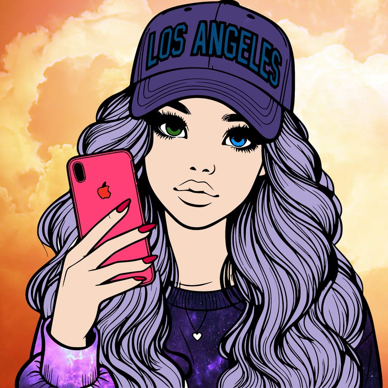 realistic beautiful girl wearing los ángeles cap holding an iphone
