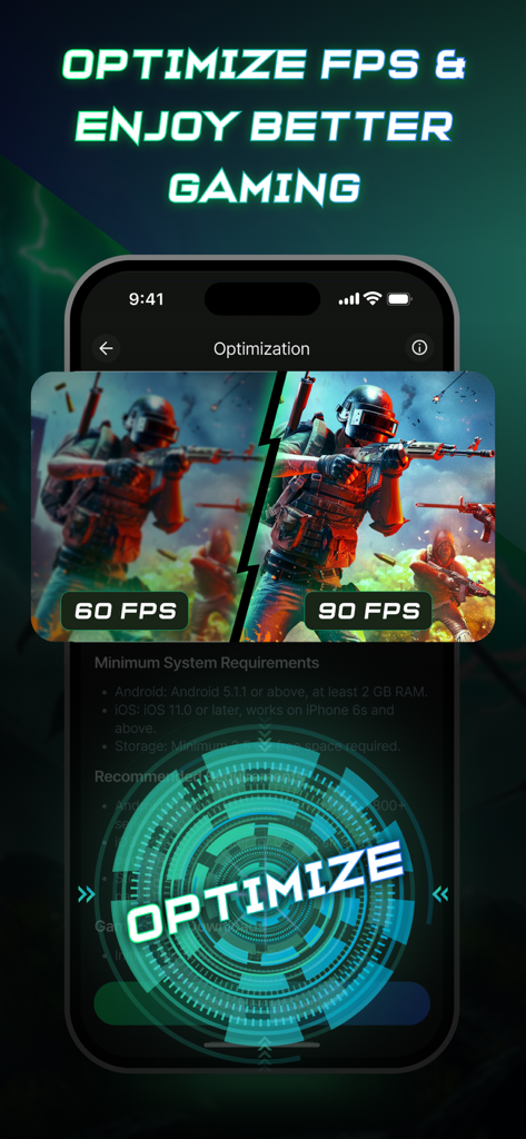 Game Booster: GFX Tool No Lag - Side-by-side comparison showing a mobile game improving from 60 FPS to 90 FPS with an optimize button