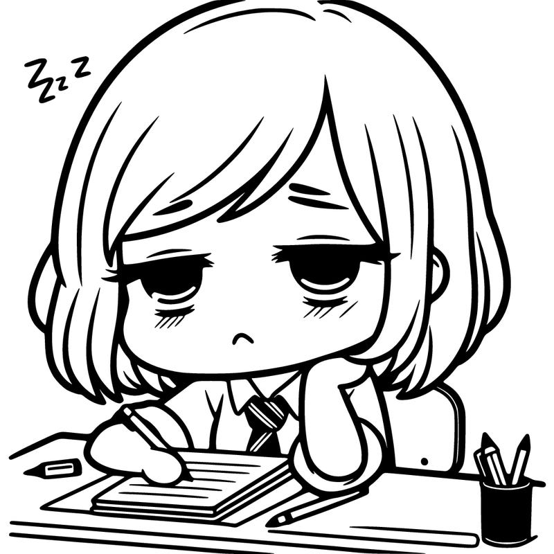 tired chibi girl at a desk