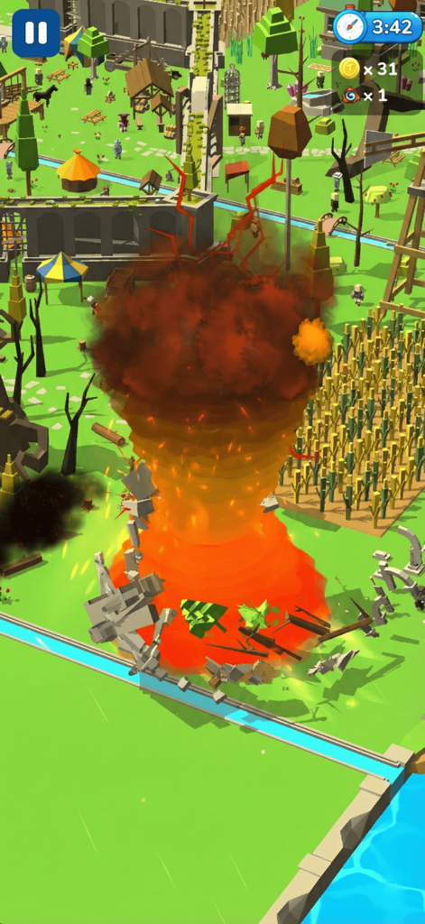 A massive fire tornado swallowing buildings and objects in a low-poly 3D village from the Tornado io game.
