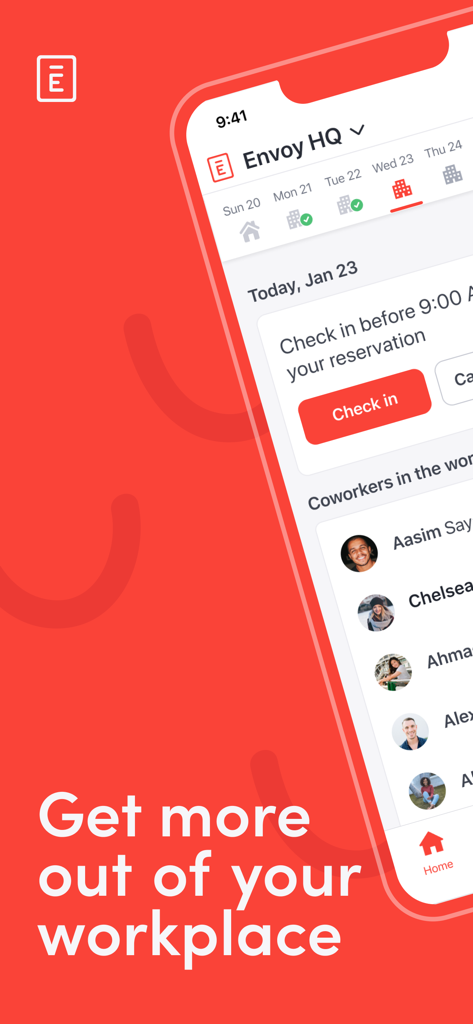 Envoy - Envoy mobile app interface showing workplace schedule and coworker availability.