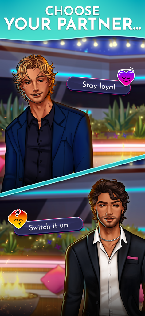 Love Island: The Game - Uma tela de Love Island The Game perguntando ao jogador para escolher seu parceiro com opções para Ficar Leal ou Mudar Entre dois personagens masculinos.