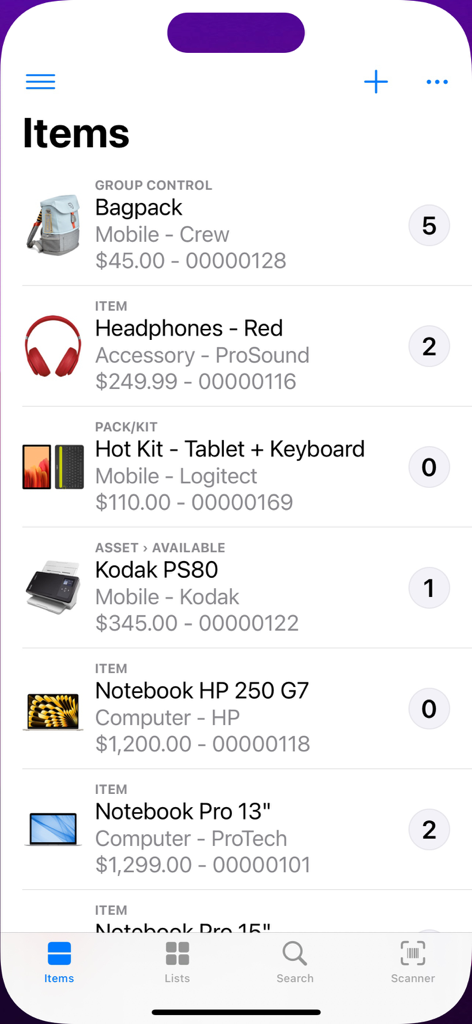 Inventory control app interface showing a list of products with stock quantities and prices