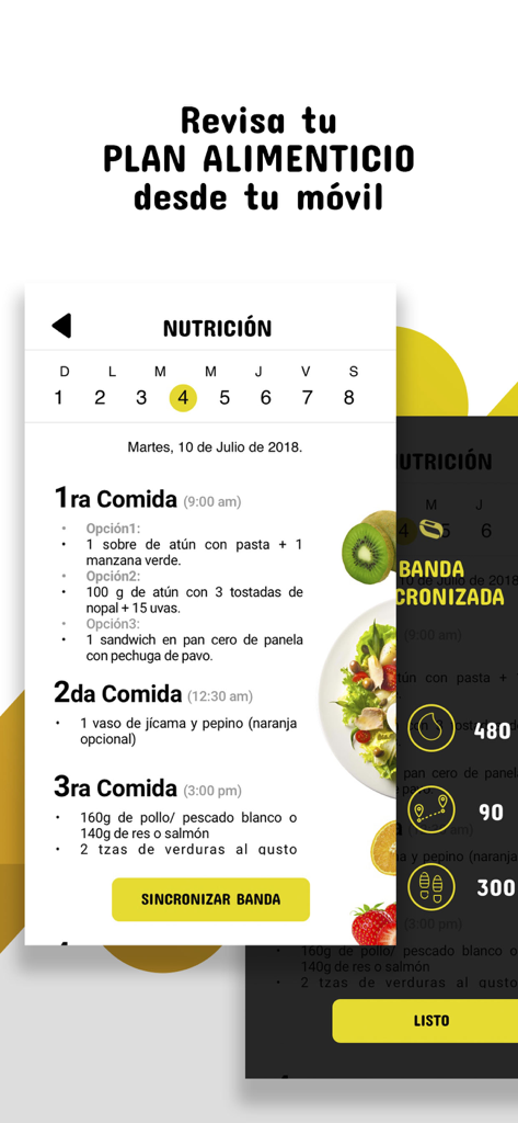 Atom - Atomモバイルアプリのインターフェース、栄養追跡とウェアラブル同期オプションを備えたパーソナライズされた毎日の食事プランが表示されています