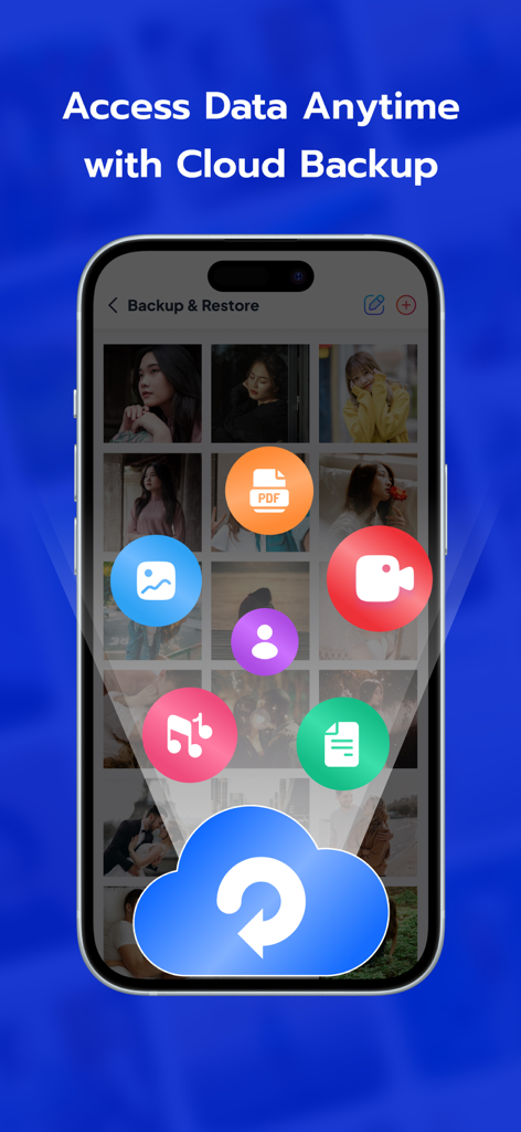 Smartphone mostrando la función de copia de seguridad en la nube y restauración de datos para una aplicación de bóveda de fotos segura.