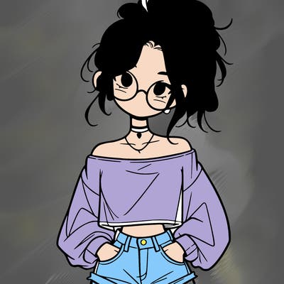 girl with a messy ponytail glasses a baggy crop top and jean shorts