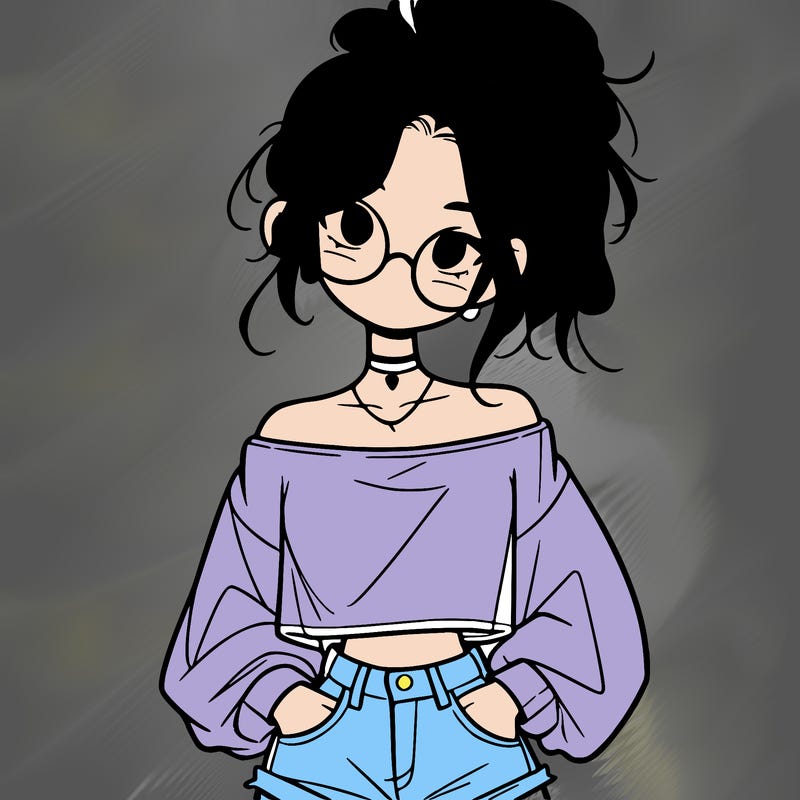 girl with a messy ponytail glasses a baggy crop top and jean shorts