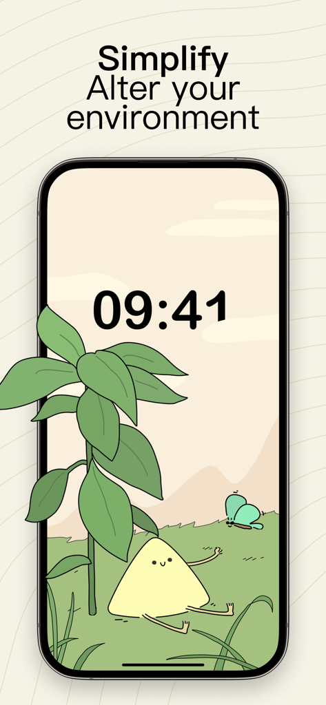 Dtd Sounds app interface with a cute nature illustration and digital clock for focus and relaxation