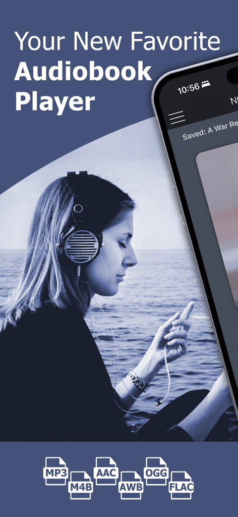 ListenBook: audiobook player - Una donna con le cuffie in riva al mare accanto all'app ListenBook che mostra formati audio supportati come MP3 e FLAC