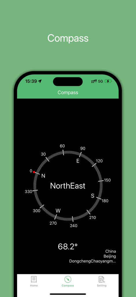 Interface de boussole numérique dans l'application Altitude GPS montrant la direction Nord-Est et la mesure en degrés
