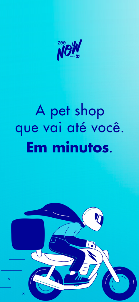 Zee.Now - Pet Shop Delivery - Zee.Now app screen with a motorcycle delivery illustration and text promising pet shop delivery in minutes