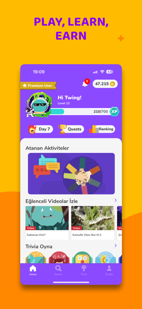 Twin Science: STEM Learning - Twin Science App Dashboard mit gamifizierten MINT-Lernaktivitäten und Benutzerfortschritt