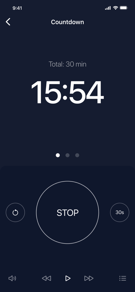 Interfaz de temporizador digital que muestra quince minutos y cincuenta y cuatro segundos restantes en un fondo oscuro
