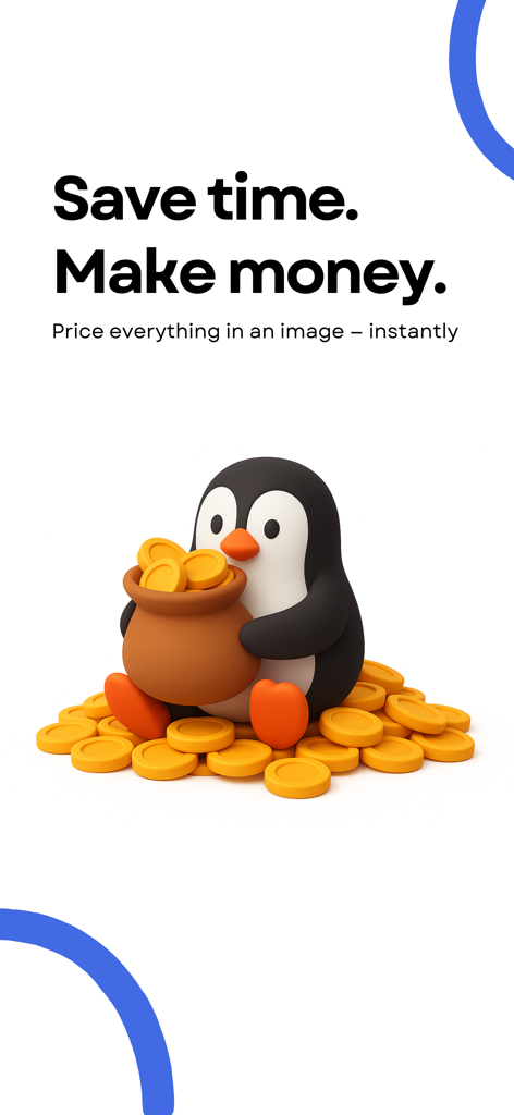 Flippr: Find, Sell, Earn - Flippr app screen with a penguin holding gold coins and the slogan Save time Make money