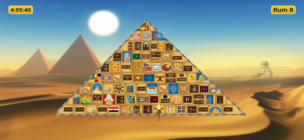 Chefrens Pyramid - privatver. - Gameplay screen of Chefrens Pyramid showing a large pyramid filled with various math and logic puzzles