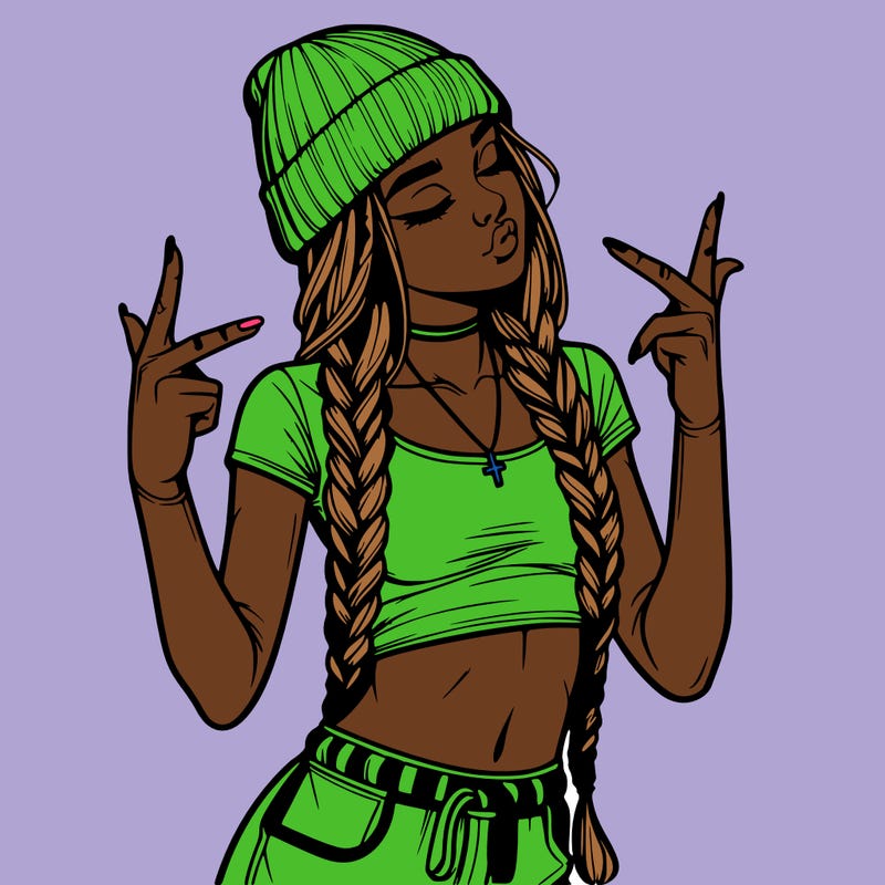 realistic teenage girl with braids and a beanie and crop top doing 🫶🏼