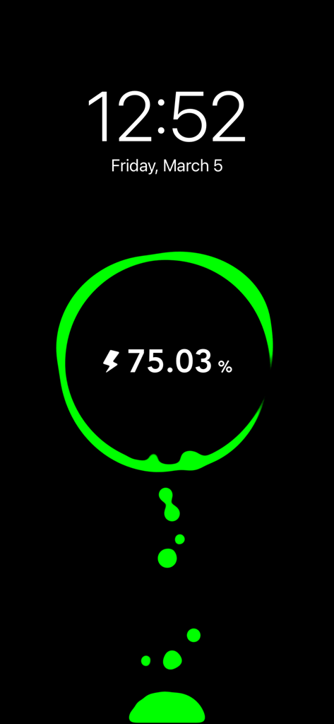 A green neon liquid charging animation showing 75 percent battery on a dark screensaver with time and date.