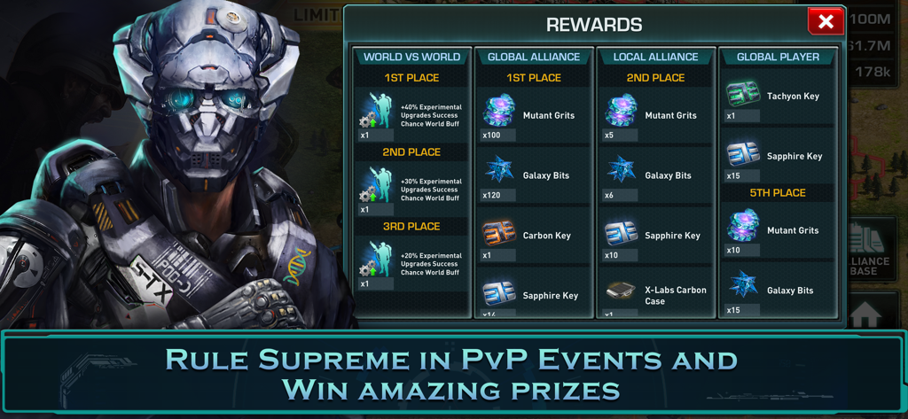 War of Nations: PvP Conflict - Tela de recompensas de War of Nations para eventos PvP mostrando classificações e prêmios