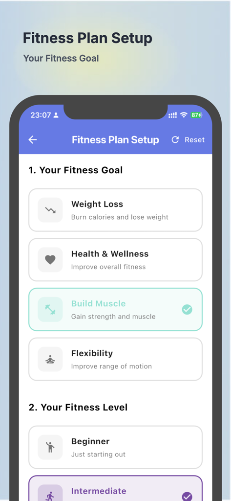 Interactive Immersive WarmUp - ワークアウトの目標と経験レベルを選択するオプションが表示されているフィットネスプラン設定画面。