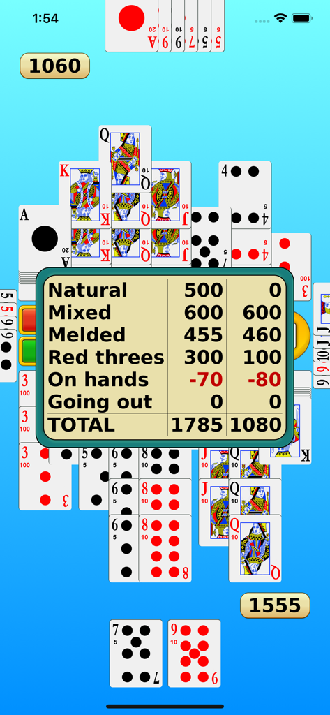 Canasta - Online & offline - A score summary screen in a Canasta card game app showing points for melds and red threes